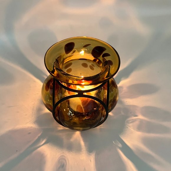 Vtg Handblown Caged Art Glass Candle Holder Vase Brutalist Wrought Iron Mexico - Picture 3 of 12